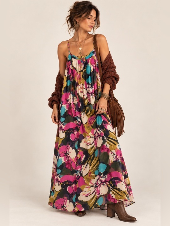 Lascana Dresses & Skirts - LASCANA Floral Maxi Dress Boho Fall Spaghetti Strap Flowy Viscose Womens Size 2